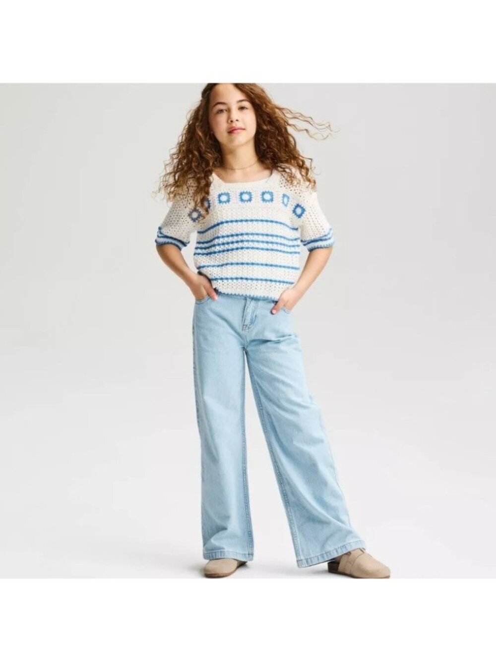 Cat & Jack Girls Size 5 Wide Leg Jeans Light Wash Adjustable Waist Denim NWT